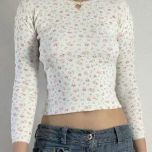 Ditsy Floral Print Long Sleeve Knit Top - Y2K Aesthetic Cute Style for Effortless Fashion