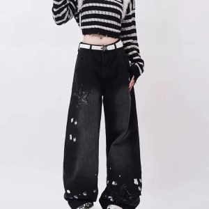 Downtown Girl Y2K Black Star Jeans for Grunge Aesthetic and Cute Outfits