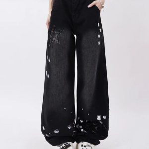 Downtown Girl Y2K Black Star Jeans for Grunge Aesthetic and Cute Outfits