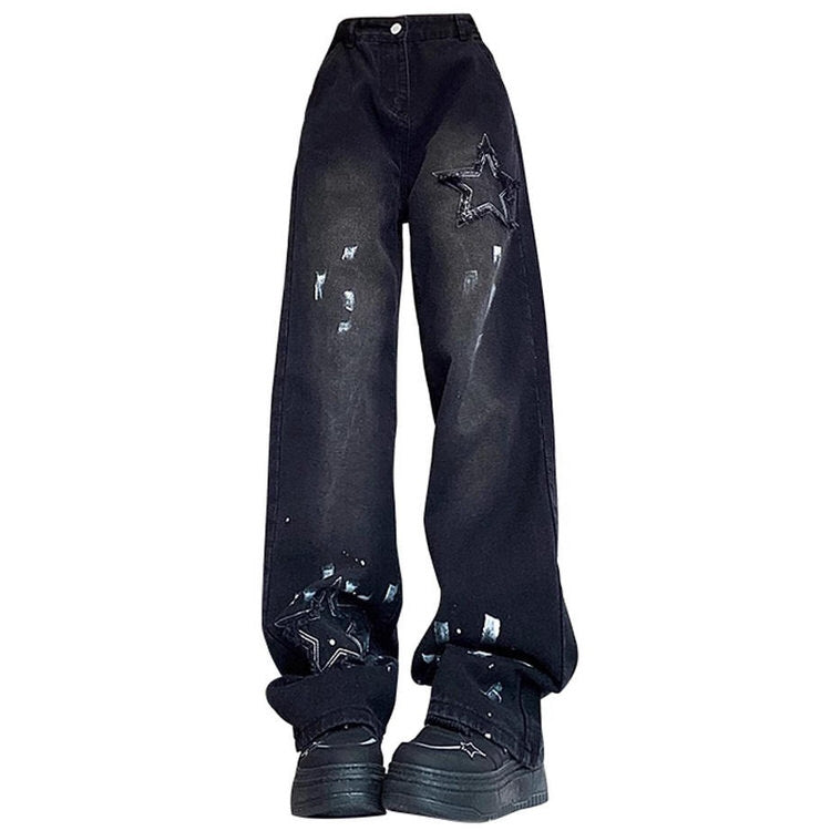 Downtown Girl Y2K Black Star Jeans for Grunge Aesthetic and Cute Outfits