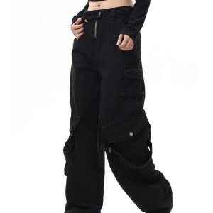 #Drama Black Cargo Jeans - Y2K Aesthetic Grunge Style with Trendy Utility Pockets