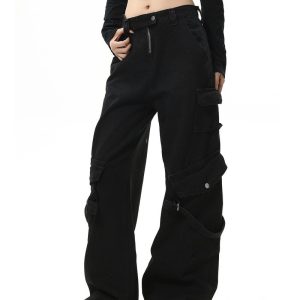 #Drama Black Cargo Jeans - Y2K Aesthetic Grunge Style with Trendy Utility Pockets