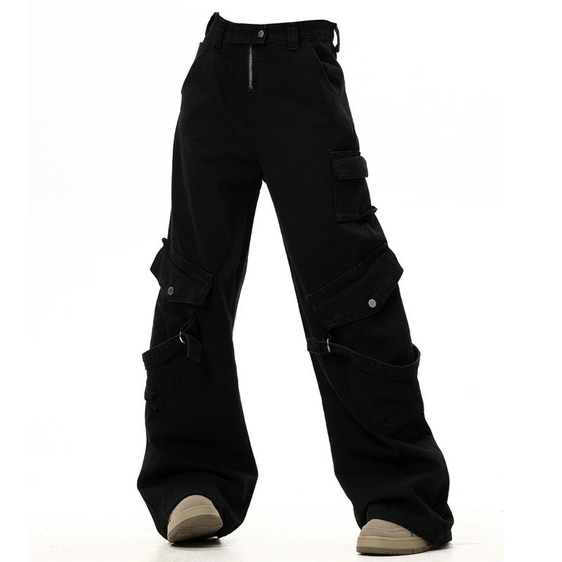 #Drama Black Cargo Jeans - Y2K Aesthetic Grunge Style with Trendy Utility Pockets