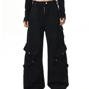 #Drama Black Cargo Jeans - Y2K Aesthetic Grunge Style with Trendy Utility Pockets