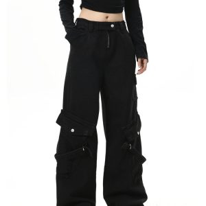 #Drama Black Cargo Jeans - Y2K Aesthetic Grunge Style with Trendy Utility Pockets