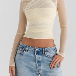 Draped in Delight Y2K Mesh Tee - Cute Top for Coquette Aesthetic and Grunge Style