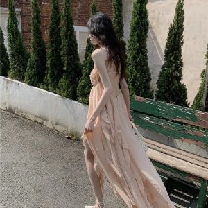 Elegant Backless Chiffon Midi Dress for Y2K Fashion Lovers and Coquette Aesthetic Enthusiasts