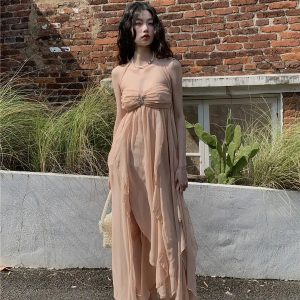 Elegant Backless Chiffon Midi Dress for Y2K Fashion Lovers and Coquette Aesthetic Enthusiasts