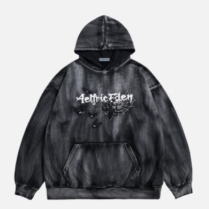 Embroidered Bat & Spider Washed Hoodie - Y2K Grunge Aesthetic for Cozy Style