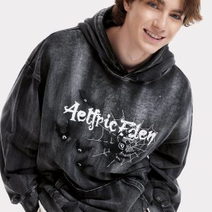 Embroidered Bat & Spider Washed Hoodie - Y2K Grunge Aesthetic for Cozy Style