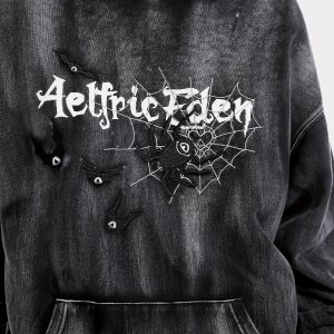 Embroidered Bat & Spider Washed Hoodie - Y2K Grunge Aesthetic for Cozy Style