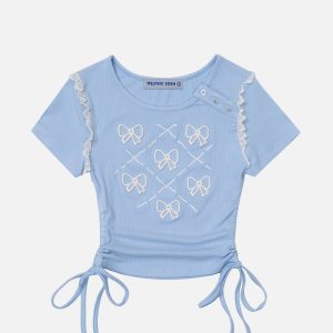 Embroidered Bow Lace Tee - Y2K Fashion Top for Coquette Aesthetic Outfits