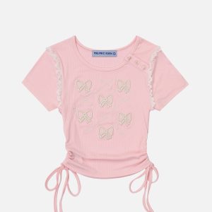 Embroidered Bow Lace Tee - Y2K Fashion Top for Coquette Aesthetic Outfits