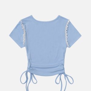 Embroidered Bow Lace Tee - Y2K Fashion Top for Coquette Aesthetic Outfits