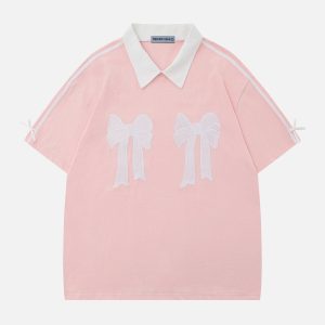 Embroidered Bow Polo Tee - Y2K Aesthetic Top for Coquette and Preppy Styles