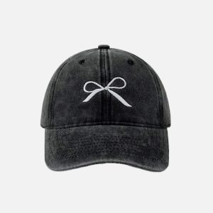 Embroidered Bow Washed Hat - Y2K Aesthetic Accessory for Cute and Coquette Outfits