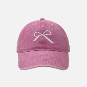 Embroidered Bow Washed Hat - Y2K Aesthetic Accessory for Cute and Coquette Outfits