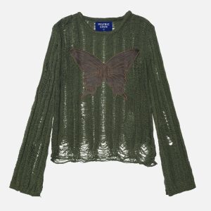 Embroidered Butterfly Cut-Out Sweater in Y2K Aesthetic for Trendy Coquette Style