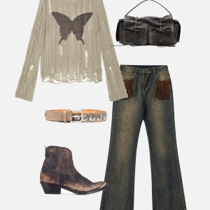 Embroidered Butterfly Cut-Out Sweater in Y2K Aesthetic for Trendy Coquette Style