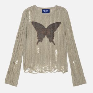 Embroidered Butterfly Cut-Out Sweater in Y2K Aesthetic for Trendy Coquette Style