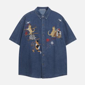 Embroidered Cat Denim Short Sleeve Shirt - Y2K Aesthetic Cute Top for Trendy Outfits