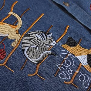 Embroidered Cat Denim Short Sleeve Shirt - Y2K Aesthetic Cute Top for Trendy Outfits