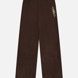 Embroidered Floral Corduroy Pants for Y2K Aesthetic and Coquette Style Outfits