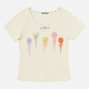 Embroidered Flower Pin Tee - Y2K Aesthetic Cute Top for Coquette and Grunge Styles