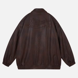 Embroidered Fold-Over Faux Leather Jacket for Y2K Aesthetic and Grunge Style Outfits