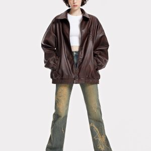 Embroidered Fold-Over Faux Leather Jacket for Y2K Aesthetic and Grunge Style Outfits