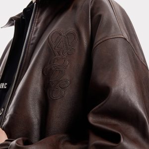 Embroidered Fold-Over Faux Leather Jacket for Y2K Aesthetic and Grunge Style Outfits