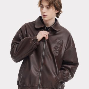 Embroidered Fold-Over Faux Leather Jacket for Y2K Aesthetic and Grunge Style Outfits