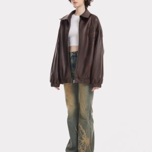 Embroidered Fold-Over Faux Leather Jacket for Y2K Aesthetic and Grunge Style Outfits