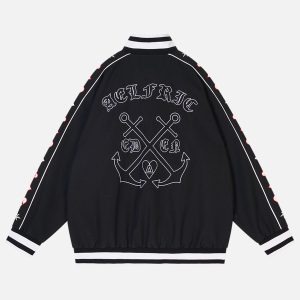 Embroidered Ship Anchor Bomber Jacket - Y2K Aesthetic Outerwear for Trendy Looks