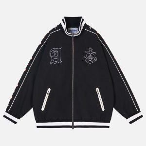 Embroidered Ship Anchor Bomber Jacket - Y2K Aesthetic Outerwear for Trendy Looks