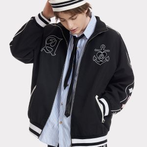 Embroidered Ship Anchor Bomber Jacket - Y2K Aesthetic Outerwear for Trendy Looks