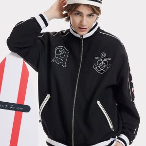 Embroidered Ship Anchor Bomber Jacket - Y2K Aesthetic Outerwear for Trendy Looks