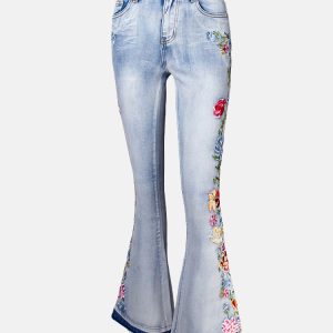 Embroidered Y2K Bell-Bottom Jeans for a Retro Grunge Aesthetic Look