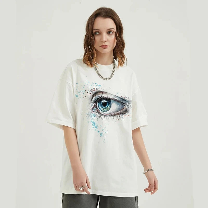 Ethereal Gaze Artistic Eye Tee - Y2K Aesthetic Graphic Top for Unique Style