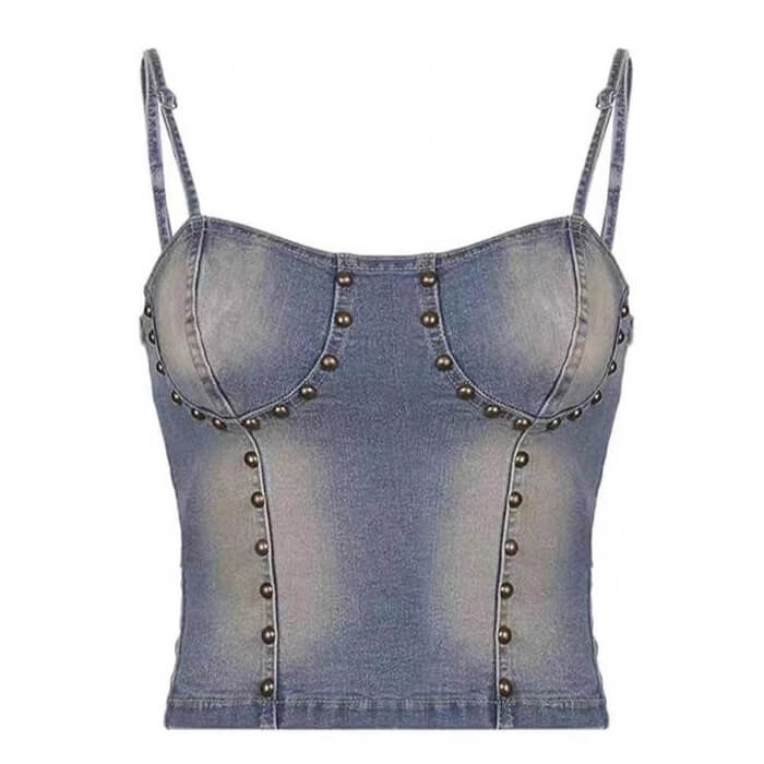 Fairy Grunge Aesthetic Denim Rivet Crop Top for Y2K Fashion Lovers