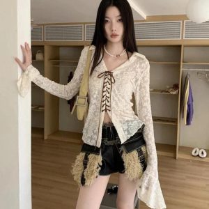 Fairy Grunge Aesthetic Transparent Lace Top for Y2K Fashion Lovers