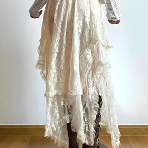 Fairy Grunge Lace Midi Skirt - Y2K Aesthetic Layered Design for Enchanting Outfits