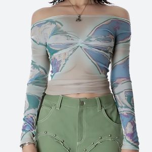 Fairycore Butterfly Mesh Top - Ethereal Aesthetic Blouse for Enchanting Outfits