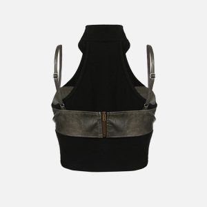 Faux Leather Patchwork Tank Top - Y2K Aesthetic Cute Top for Grunge and Coquette Styles