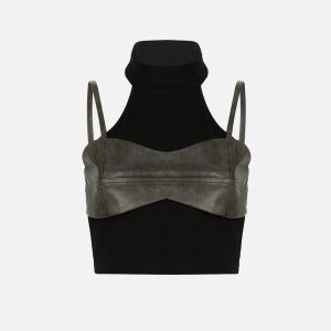 Faux Leather Patchwork Tank Top - Y2K Aesthetic Cute Top for Grunge and Coquette Styles