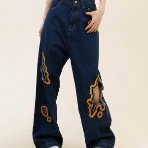 Feel The Burn Y2K Cut-Out Jeans - Trendy Grunge Style with Aesthetic Appeal