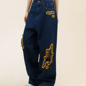 Feel The Burn Y2K Cut-Out Jeans - Trendy Grunge Style with Aesthetic Appeal