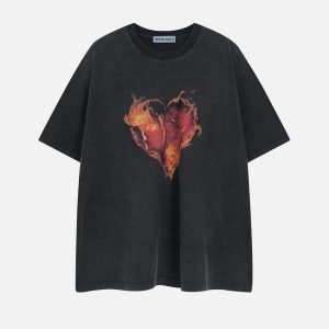 Flame Heart Graphic Tee - Y2K Aesthetic Cute Top for Grunge and Coquette Styles