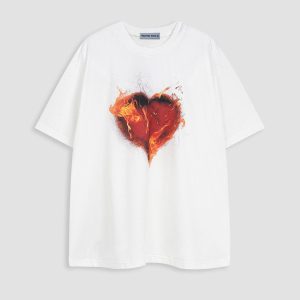 Flame Heart Graphic Tee - Y2K Aesthetic Cute Top for Grunge and Coquette Styles