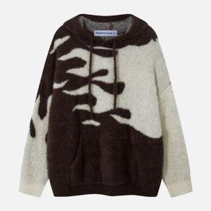 Flame Patchwork Knit Hoodie - Y2K Aesthetic Comfy Layering for Grunge and Coquette Styles